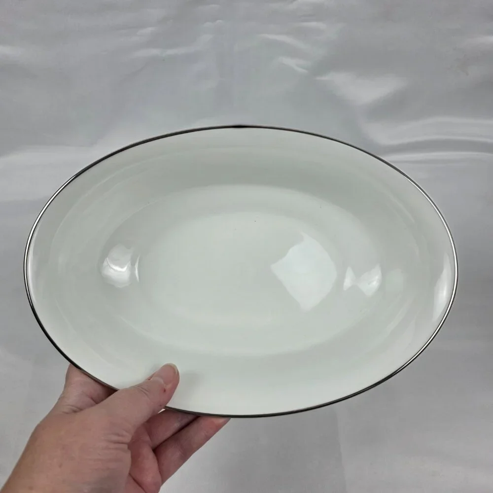 Oxford China Spring 10 Inch Oval Serving Bowl Multicolor Floral Rim Aqua Band
